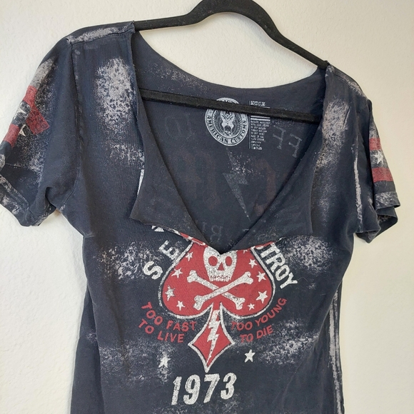 Affliction Fallen Angels Fringe Trim‎ Cut Out Women's Tee Size Medium - Picture 3 of 6